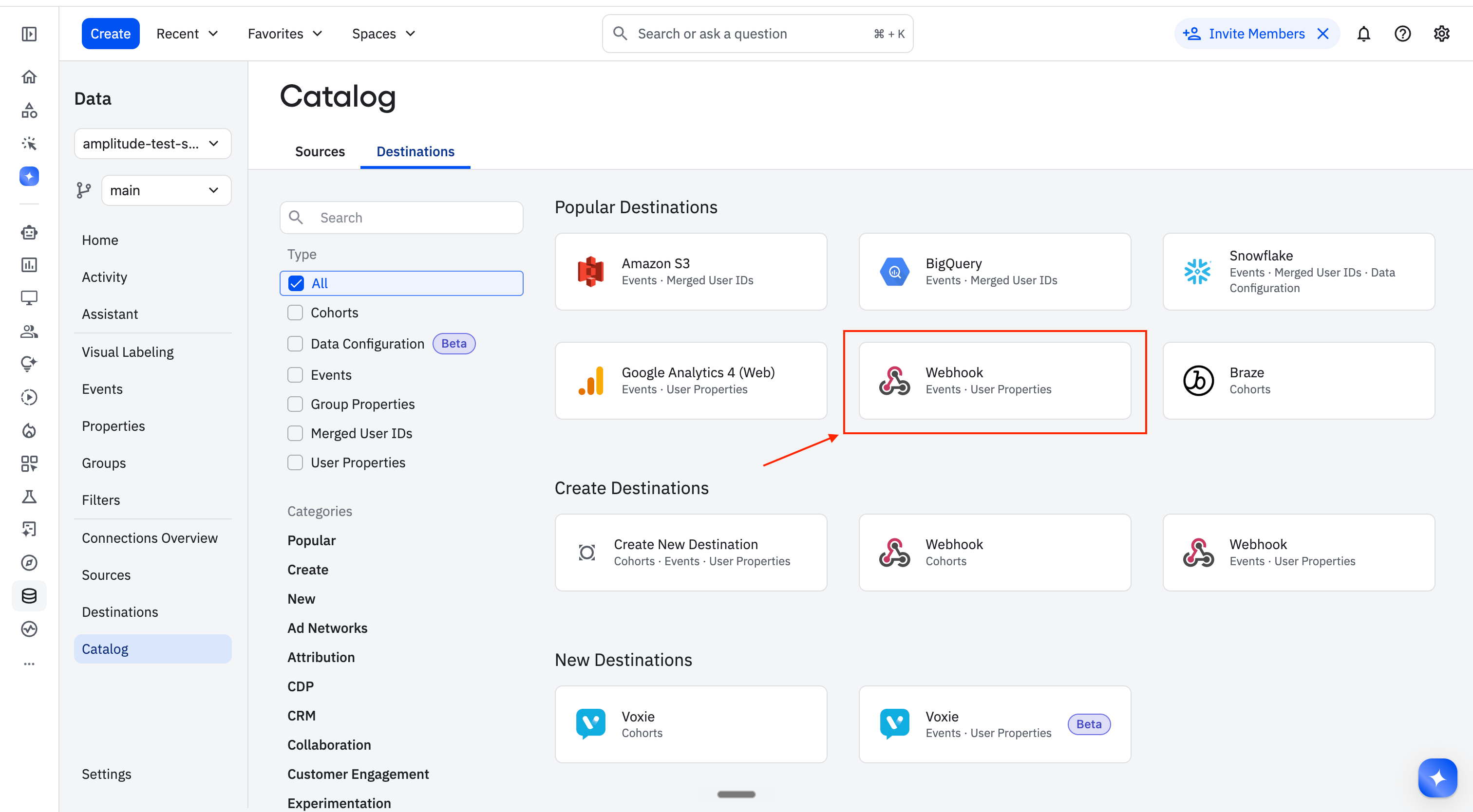 Amplitude Destinations catalog with the Webhook destination type