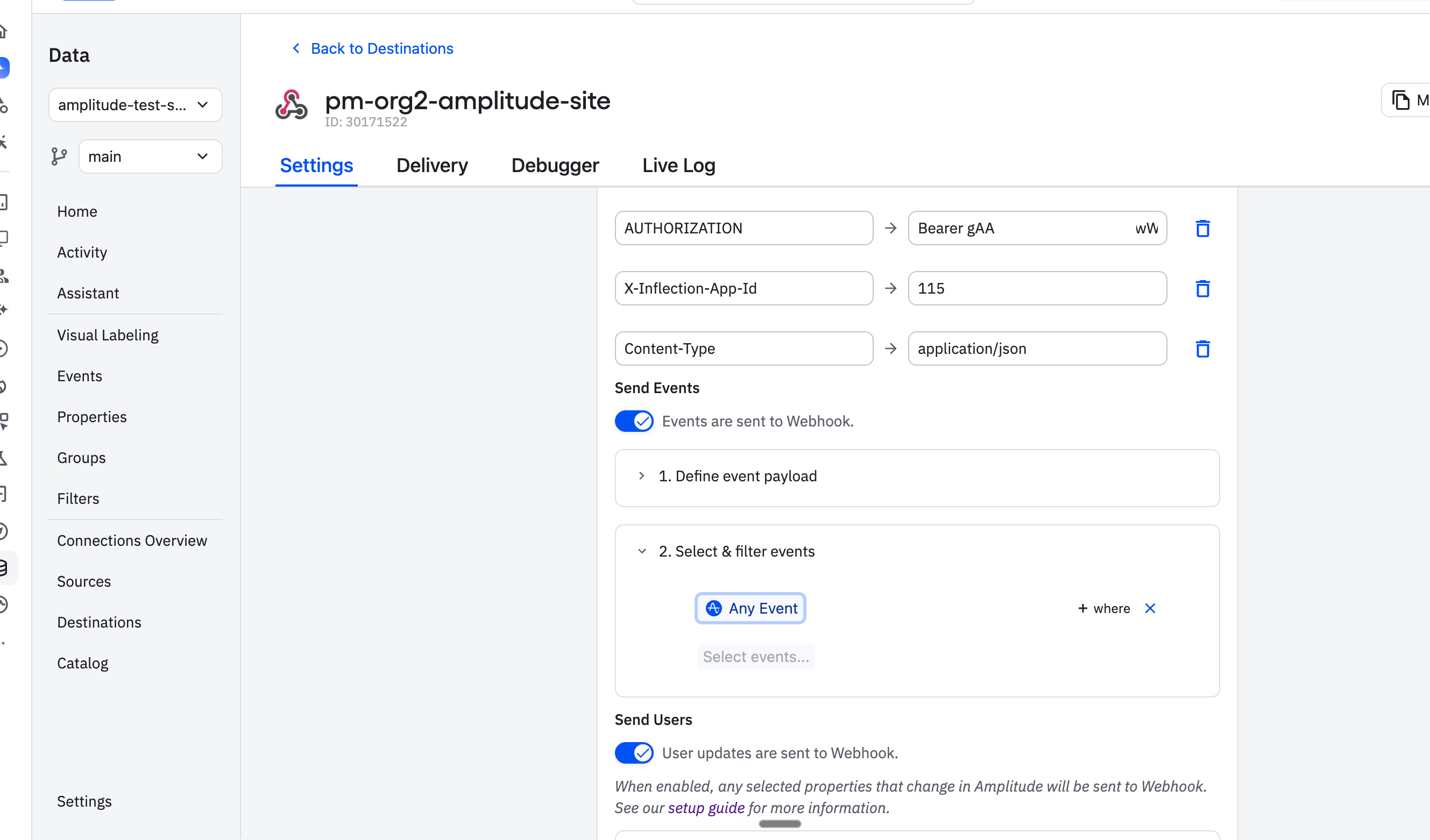 Amplitude webhook destination event forwarding toggle
