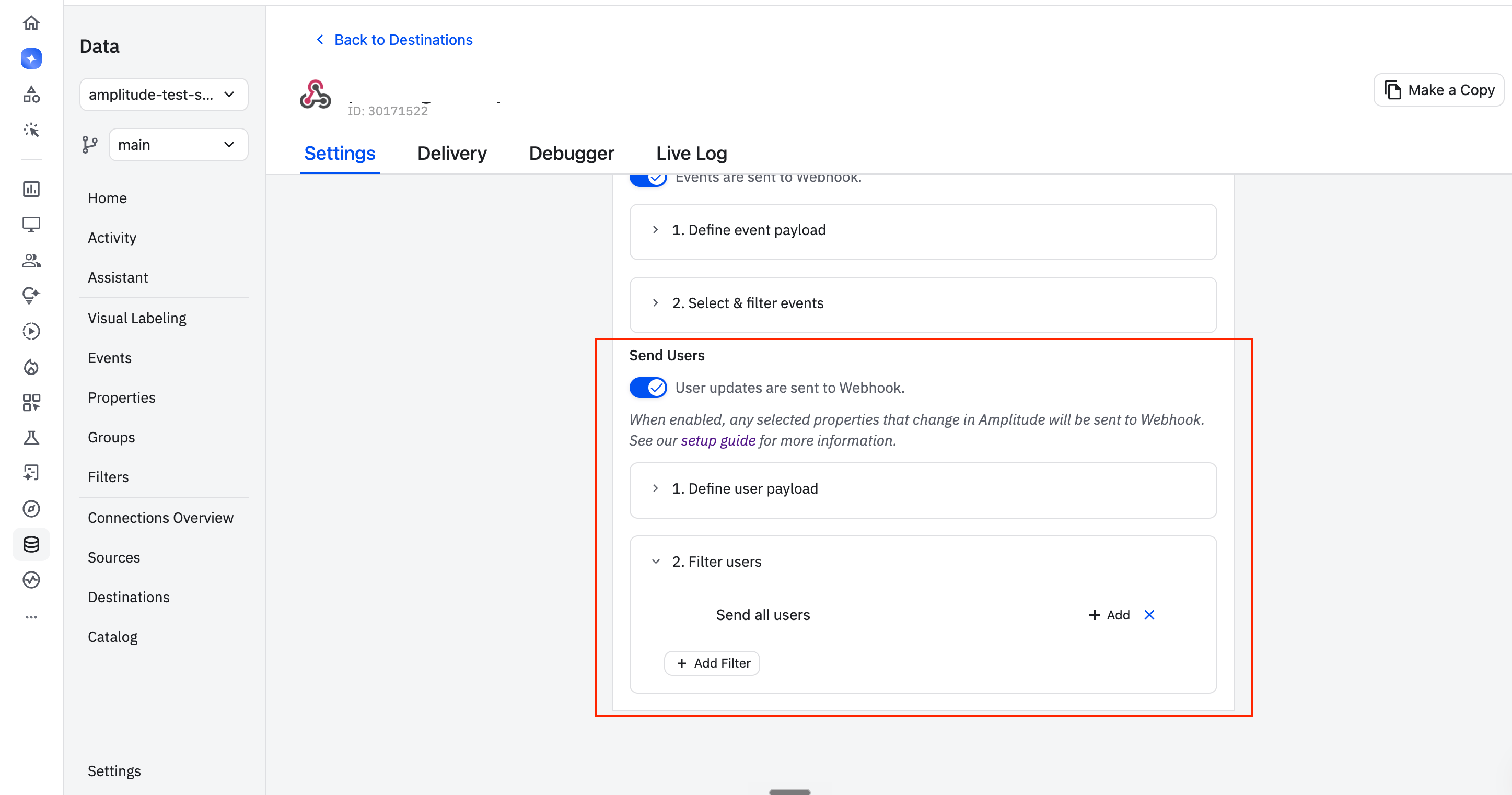 Amplitude webhook destination user forwarding toggle