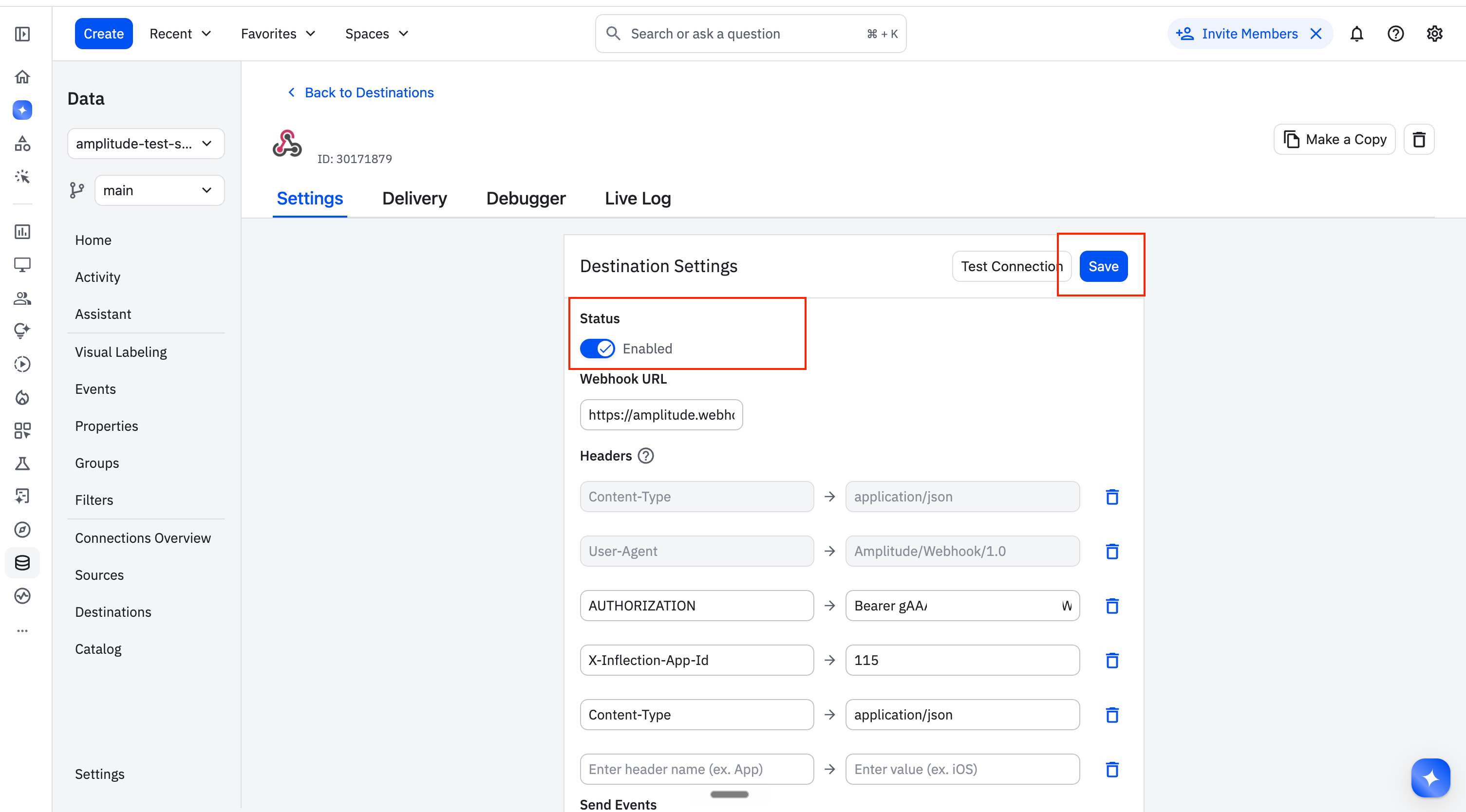 Amplitude webhook destination status toggle and Save button