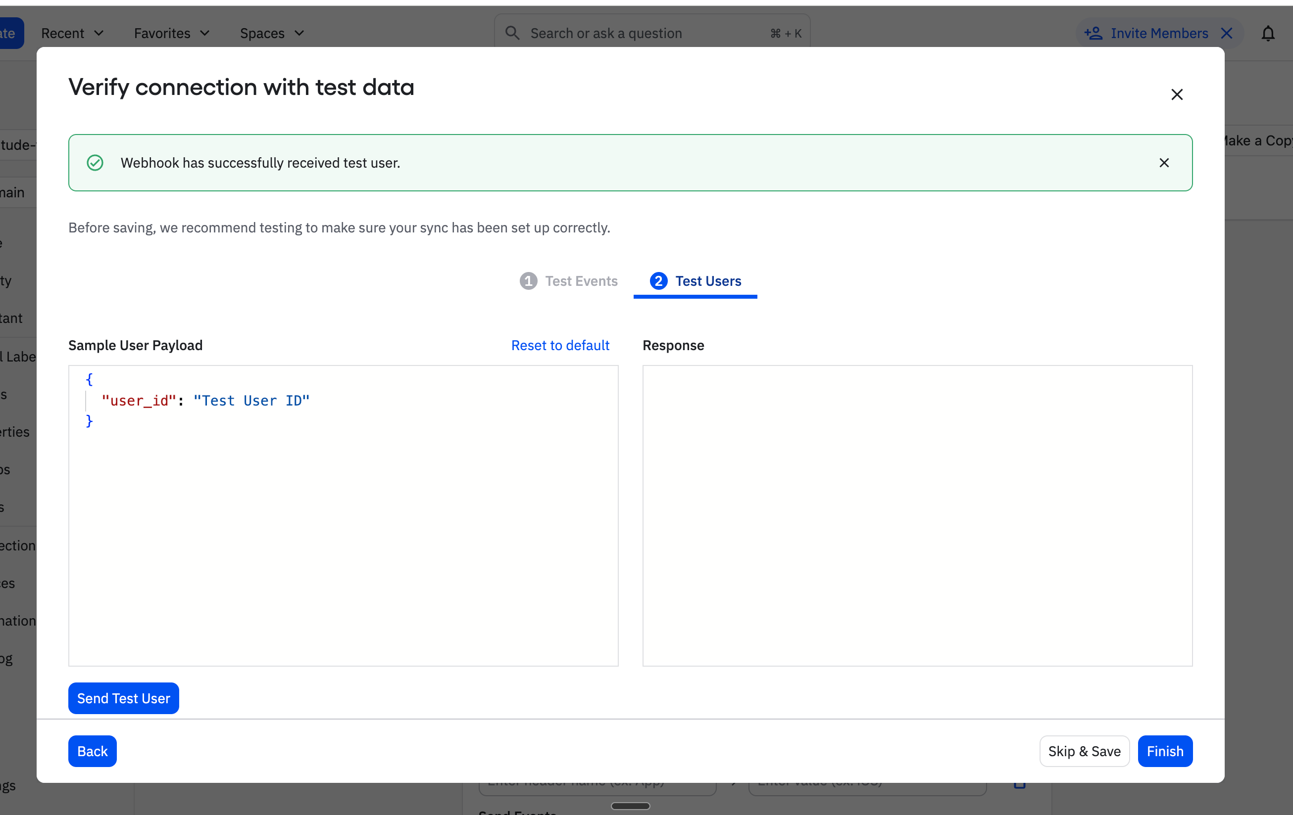 Amplitude webhook test panel for verifying the connection with test data