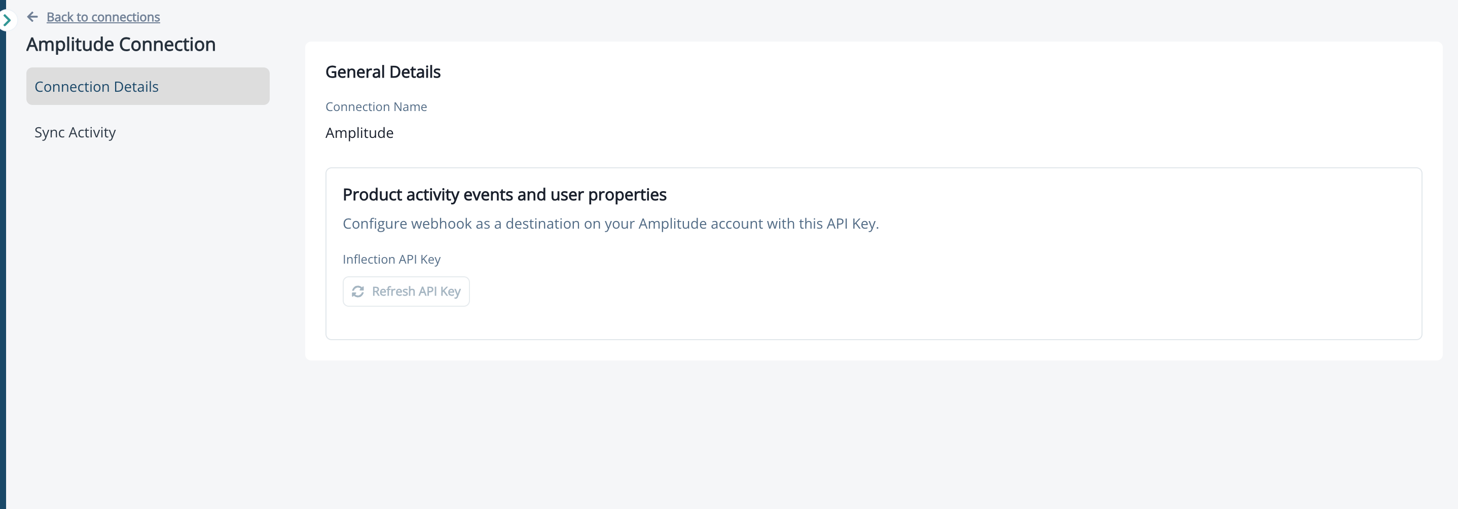 Amplitude Connection Details tab with status badge, masked API key, and Refresh API Key button