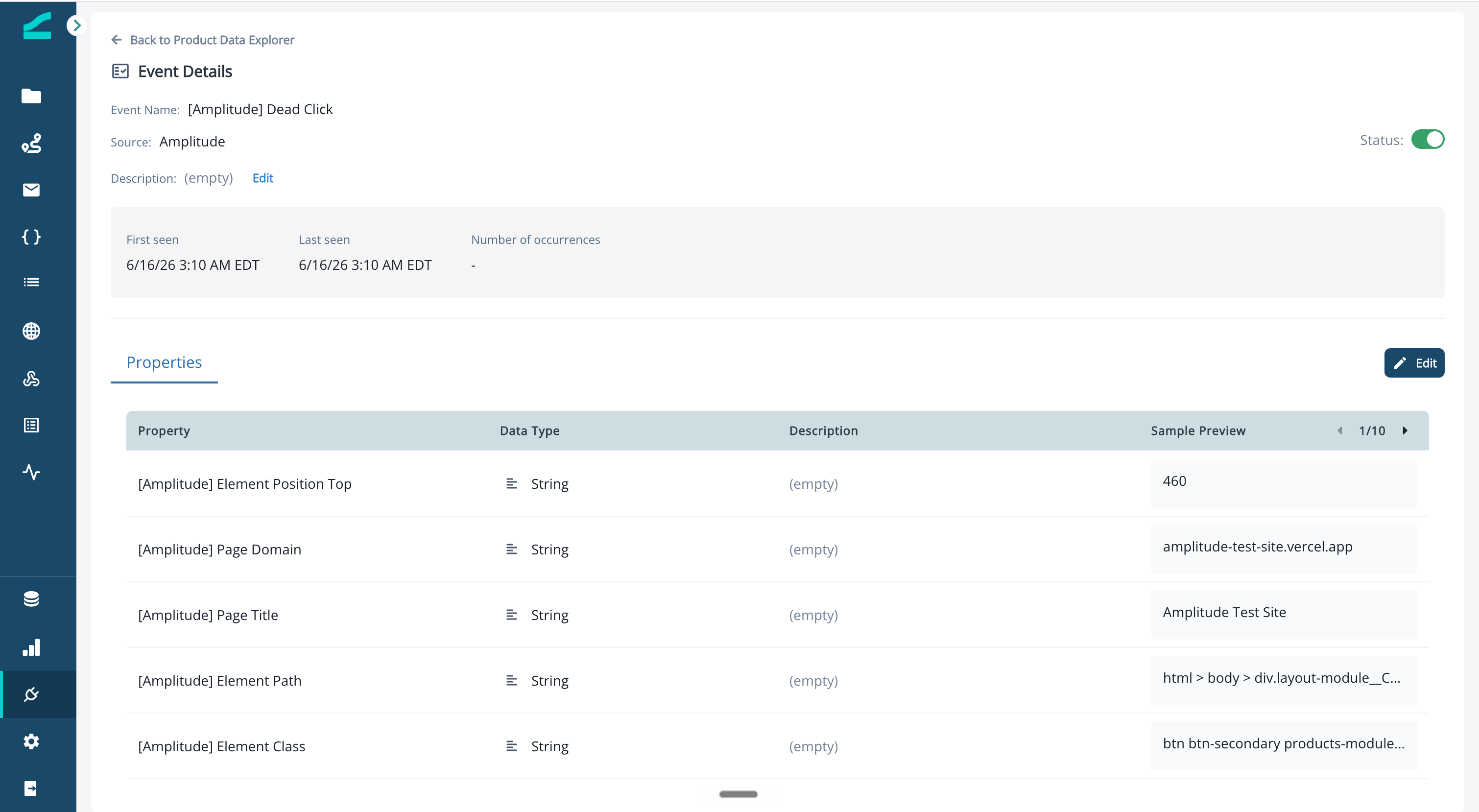 Event detail page with description, status toggle, and properties table