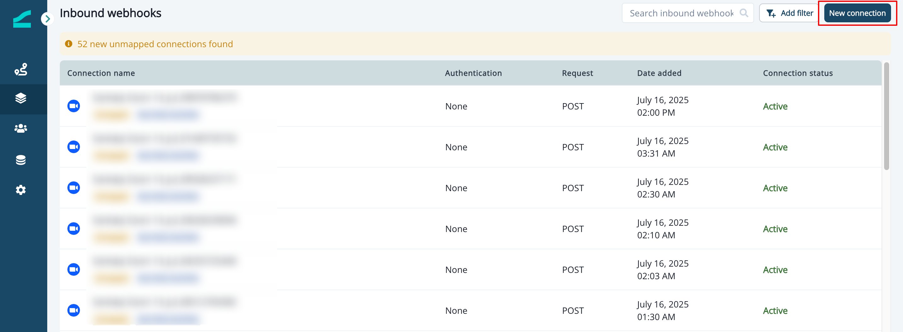 Inbound Webhook list with the New connection button