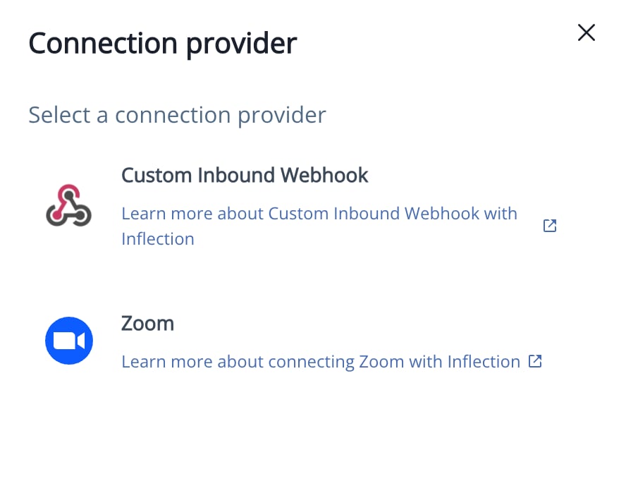 Provider selection showing Custom Inbound Webhook and Zoom options