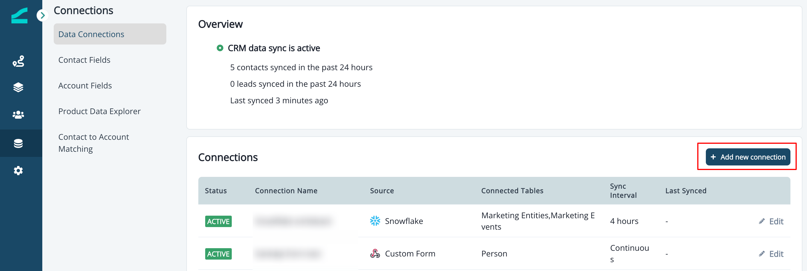 Connections page with the Add new connection option