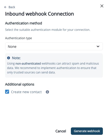 Authentication method options for the inbound webhook connection