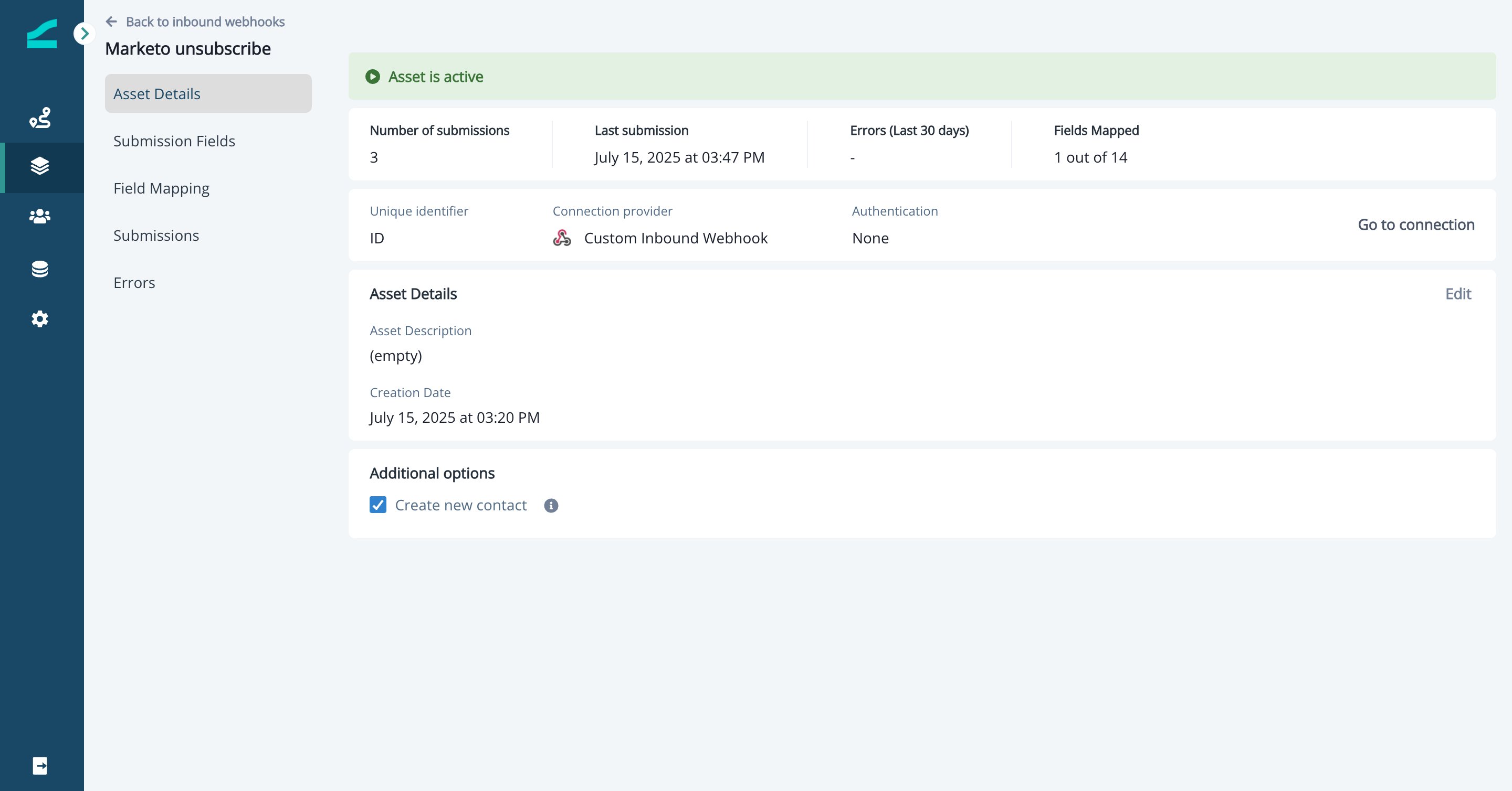 Inbound webhook asset details page showing submission counts and asset information