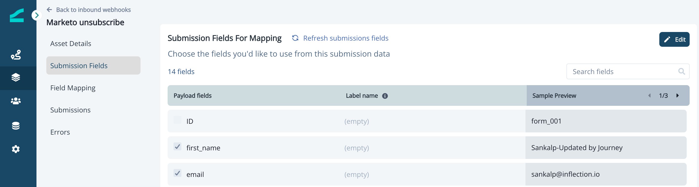 Submission fields list showing fields available to enable