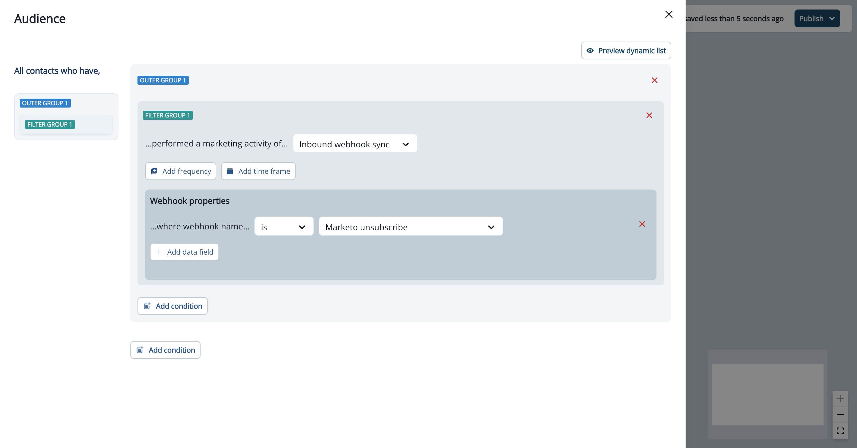 Journey audience condition using Performed a Marketing Activity with Inbound webhook sync