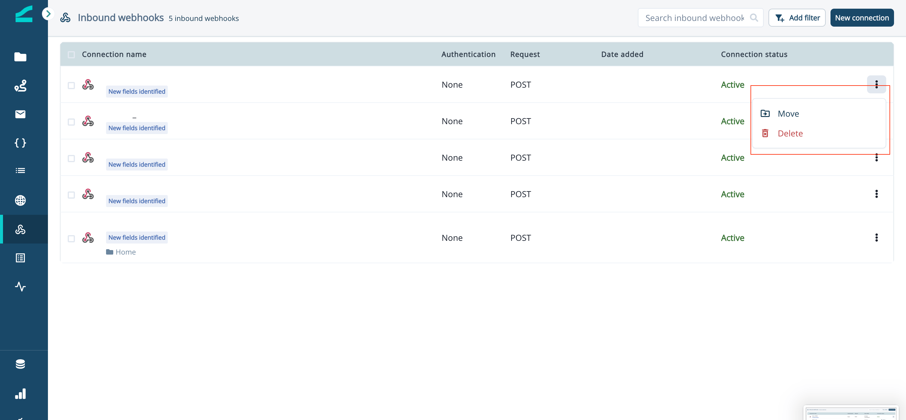 Inbound webhook list with the Delete action in the row menu