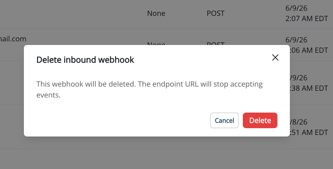 Delete confirmation modal for an inbound webhook with no dependencies