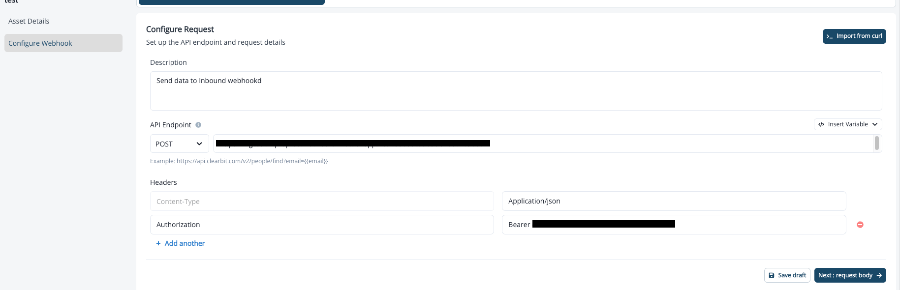 Configure tab with request method, destination URL, and custom headers