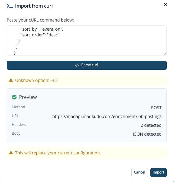 Import from cURL dialog with parsed preview of method, URL, headers, and body