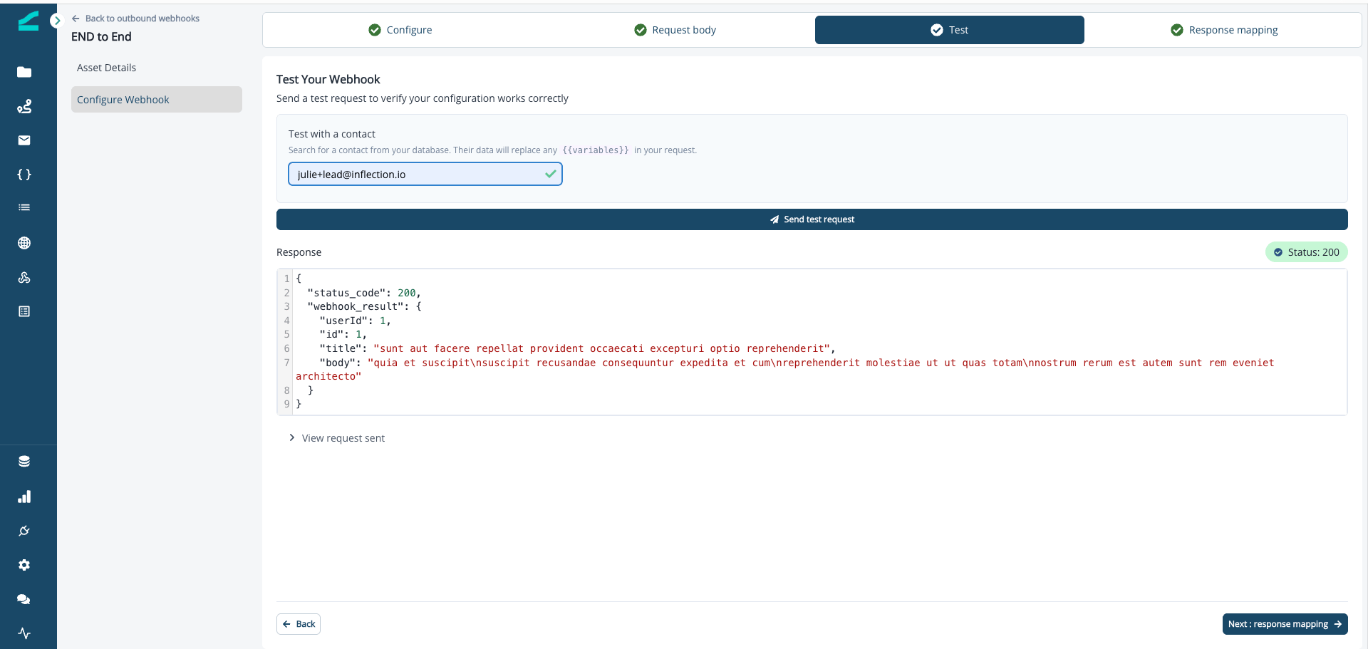 Test tab showing a test request result for a selected contact