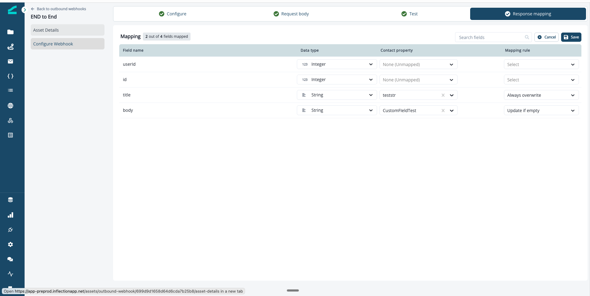Response Mapping tab listing response fields with detected data types