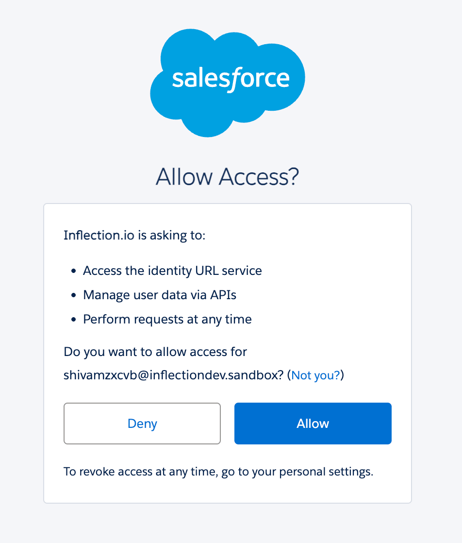 Salesforce Allow Access screen for the Inflection connected app