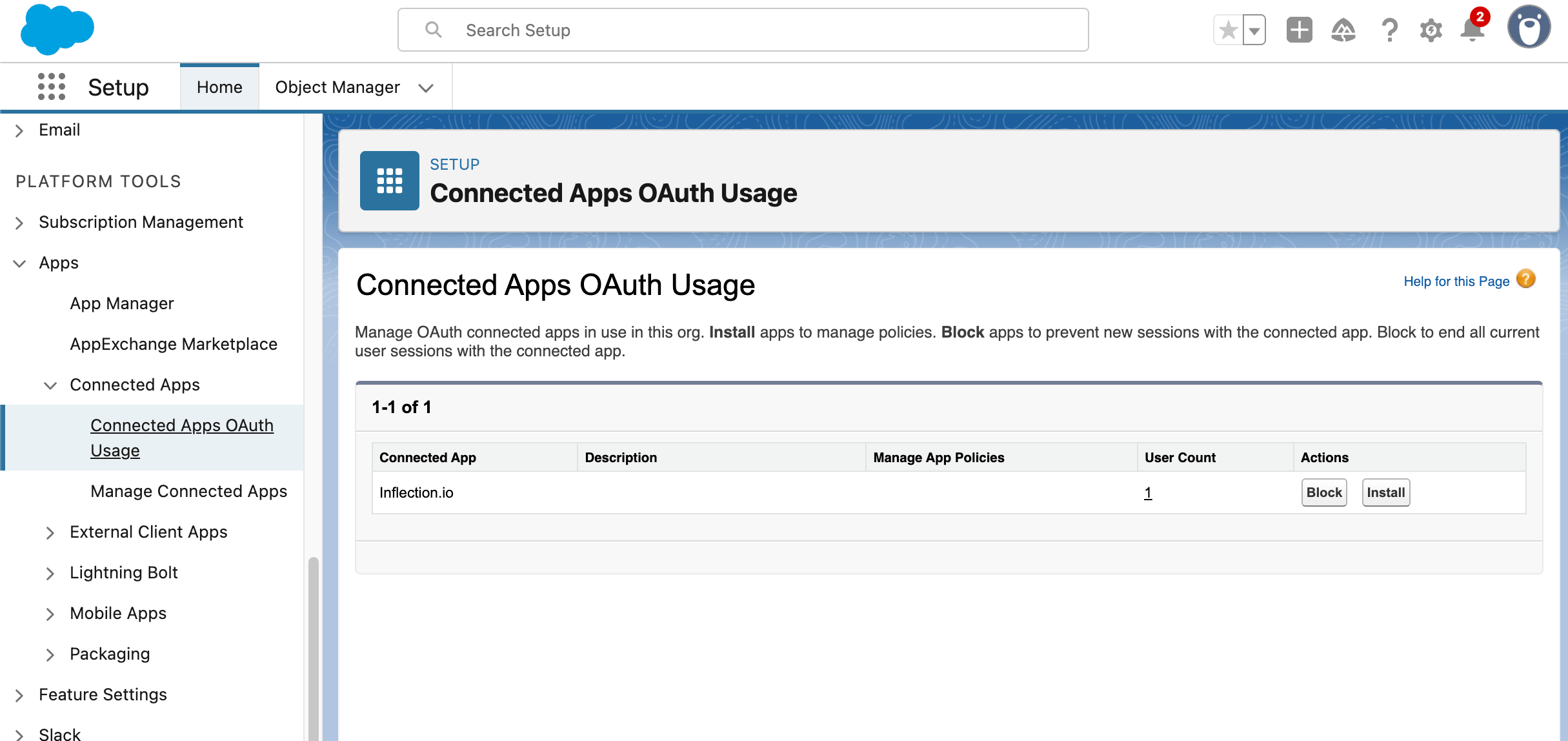 Connected Apps OAuth Usage list showing the Install button for Inflection.io