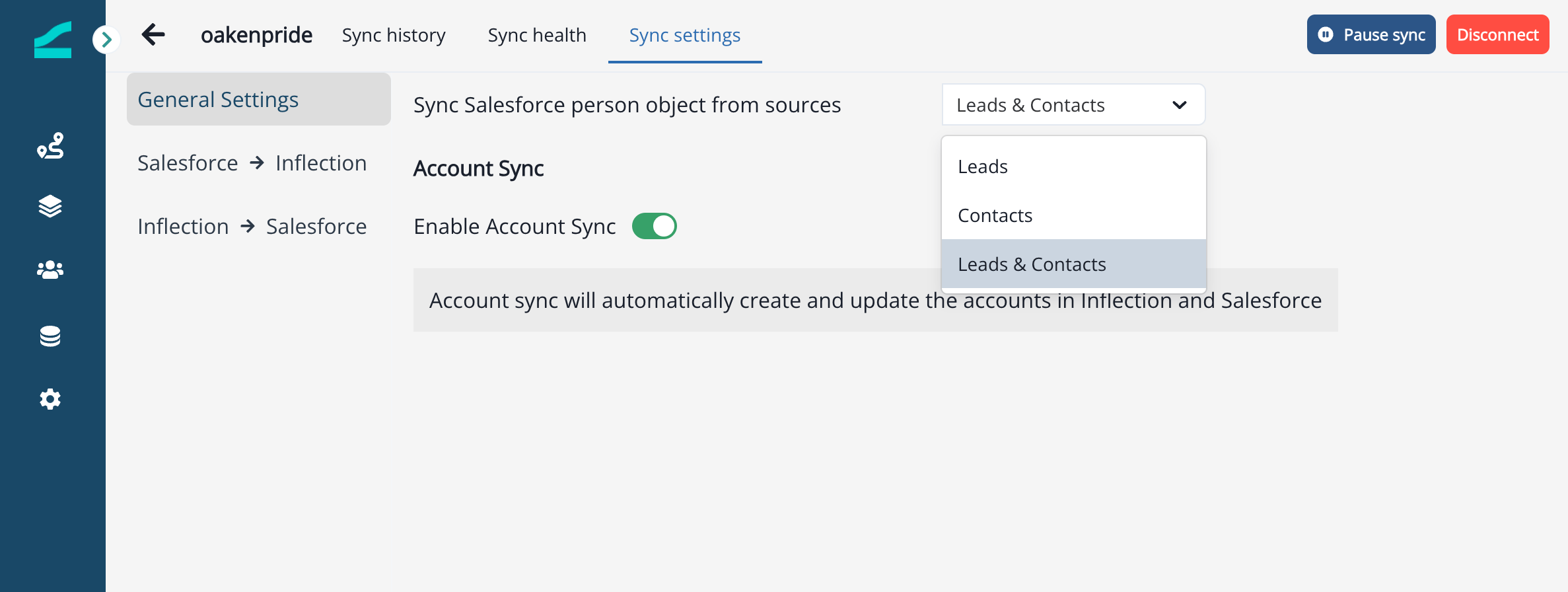 General Settings showing which person objects sync from Salesforce