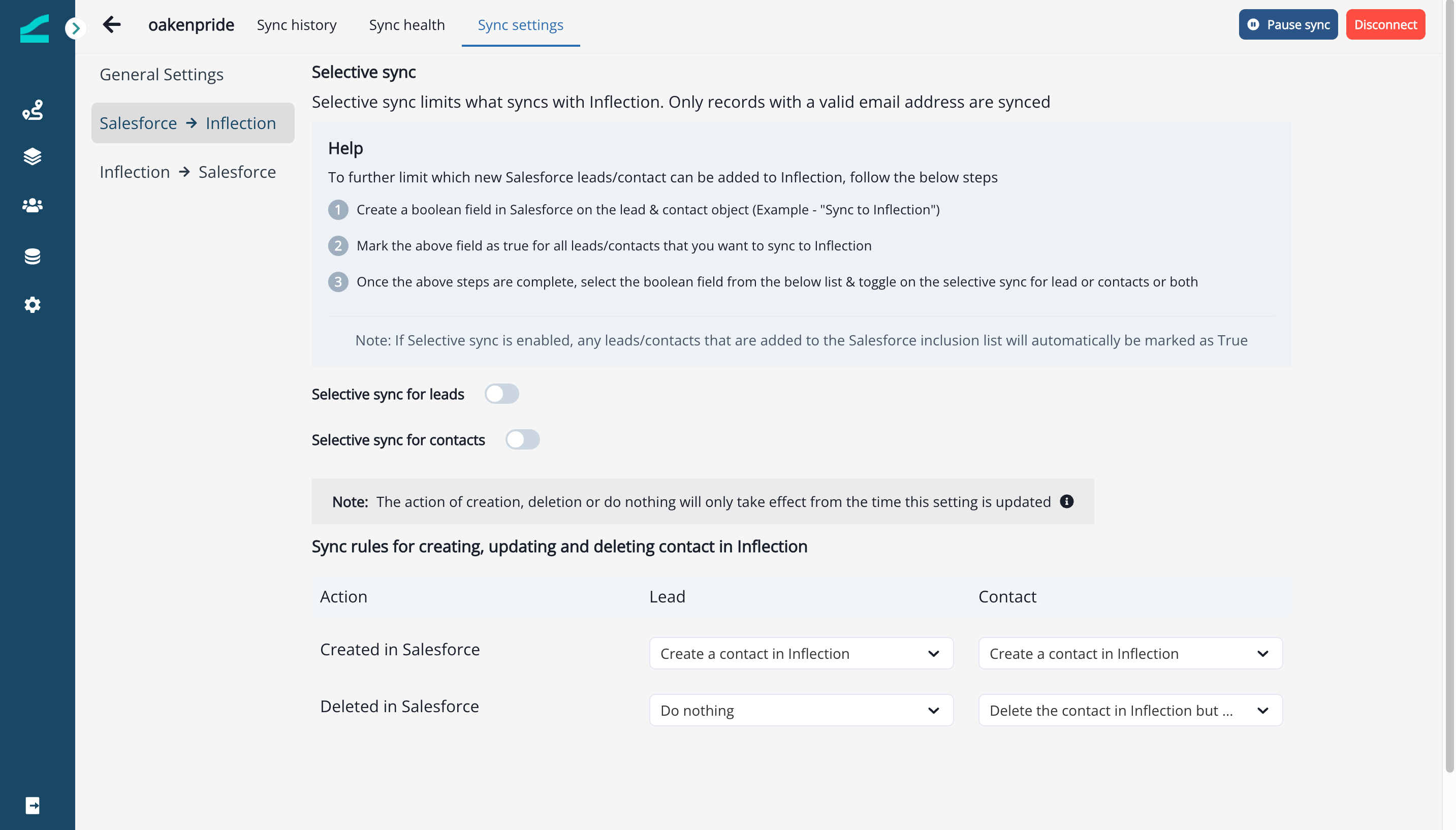 Salesforce to Inflection sync settings