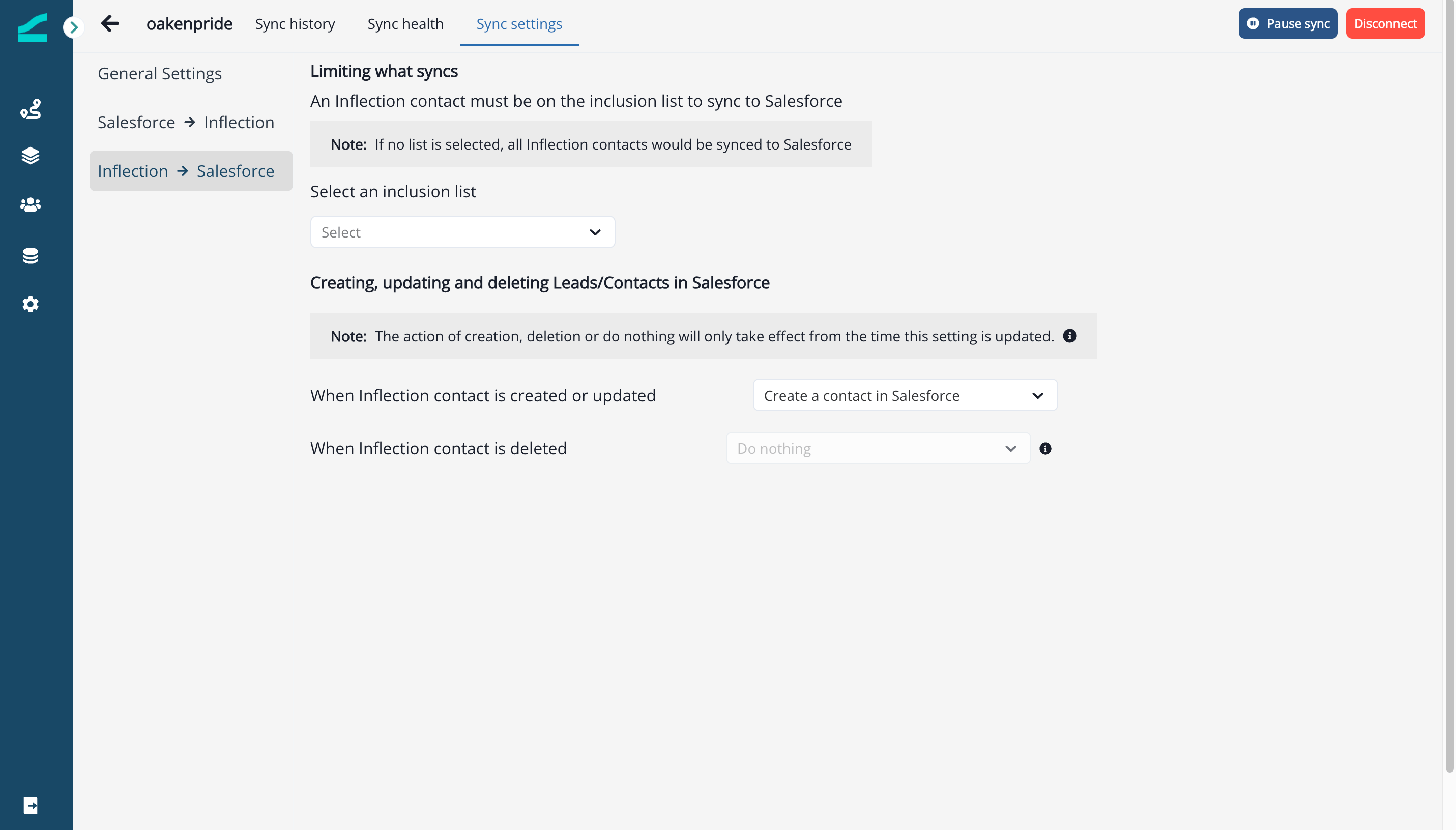 Inflection to Salesforce sync settings