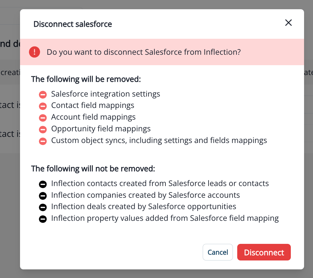 Disconnect Salesforce connection dialog
