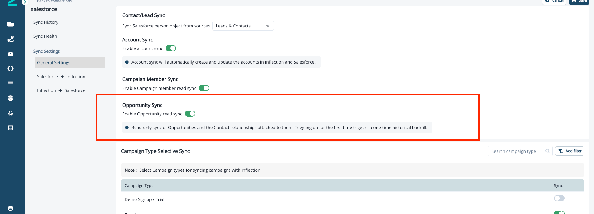 Enable Opportunity read sync toggle in General Settings