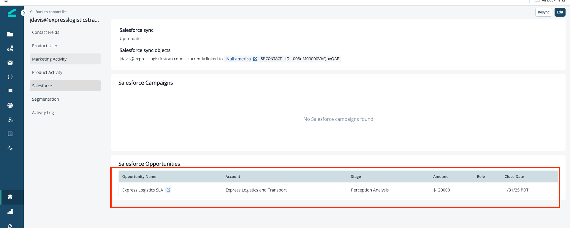 Salesforce Opportunities section on a contact profile