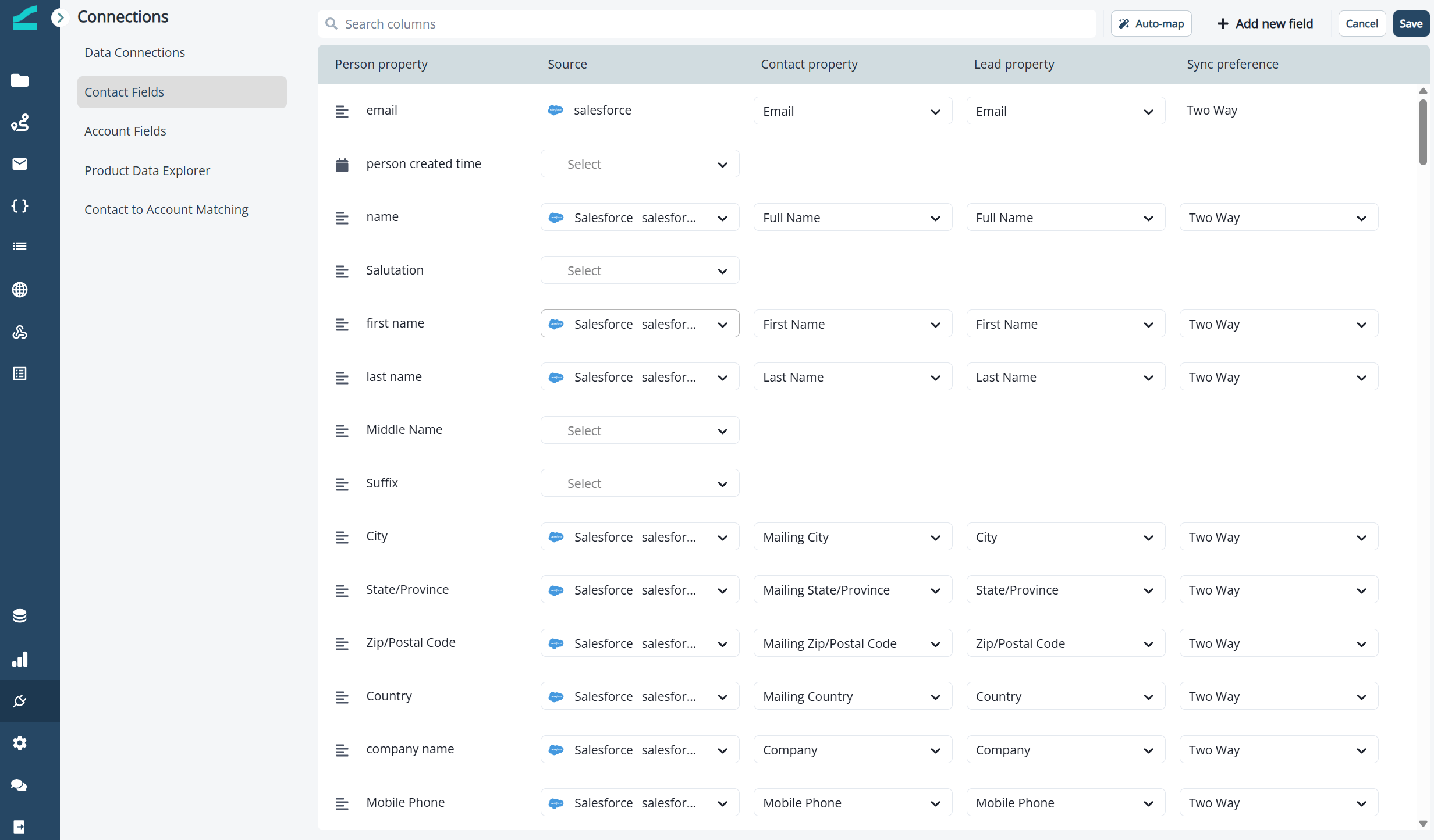 Contact field mapping page in Connections