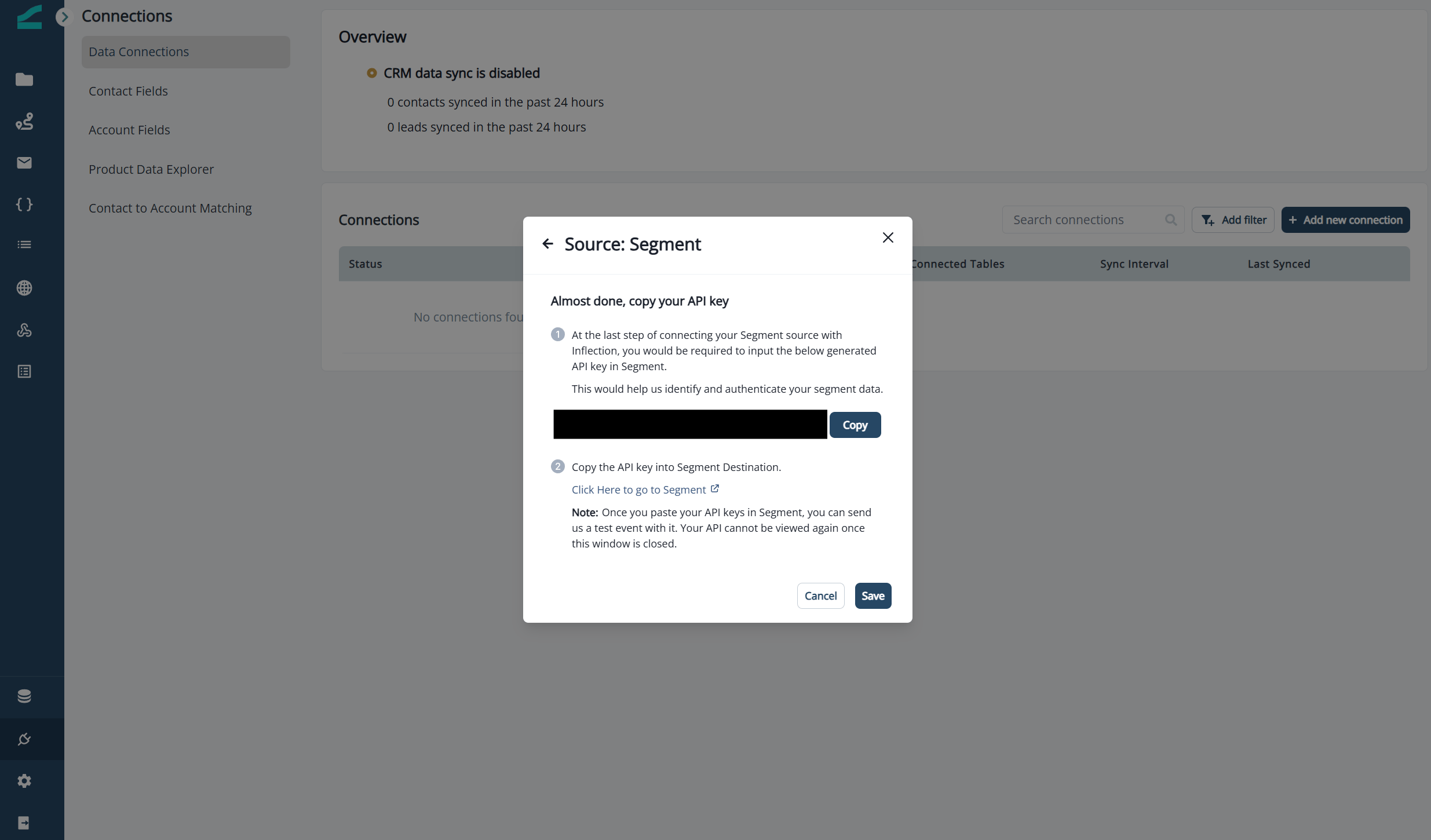 Segment connection screen in Inflection showing the API key to copy