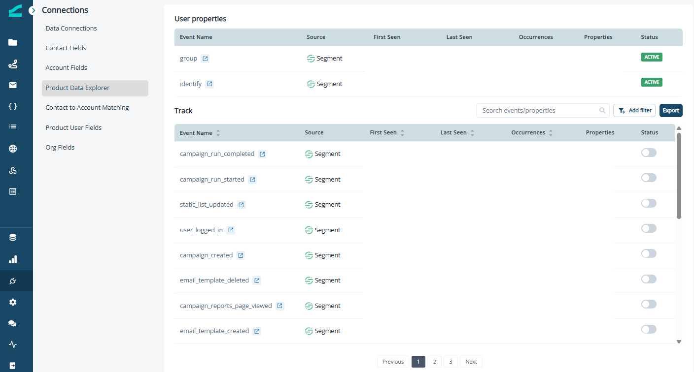 Product Data Explorer with toggles to enable or disable each Segment event