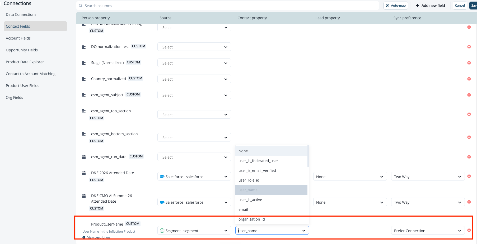 Contact Fields screen mapping Segment identify traits to Inflection contact fields