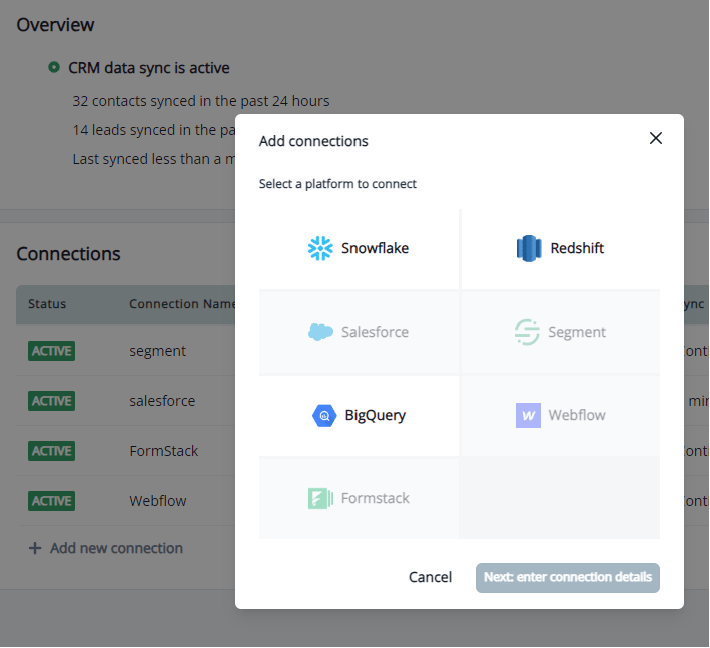 Add new Connection option under Data Connections in the Inflection UI