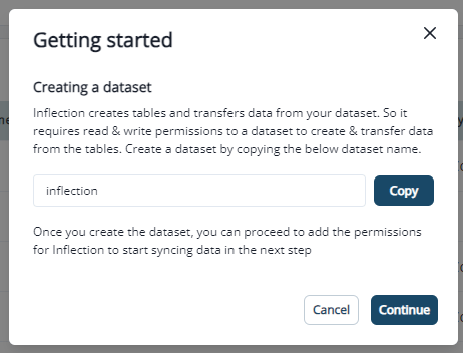 Dataset name shown with Continue button to add required permissions