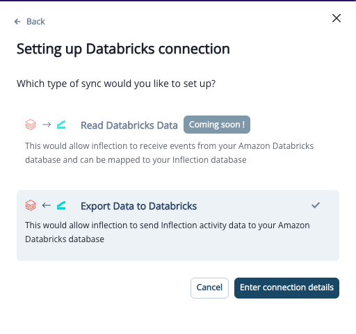 Choosing Databricks as the platform and Export Data to Databricks as the connection type