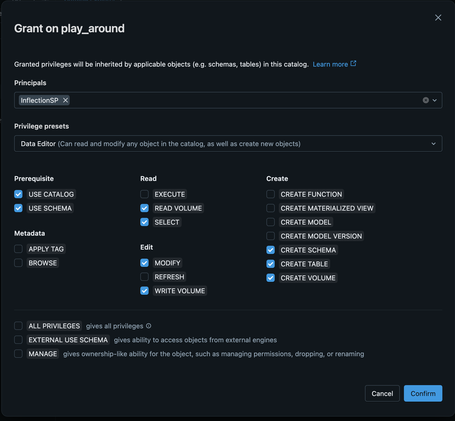 Minimum permissions required on the target catalog for the Inflection service principal