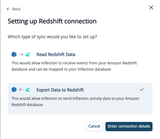Choosing Redshift as the platform and Export Data to Redshift as the connection type