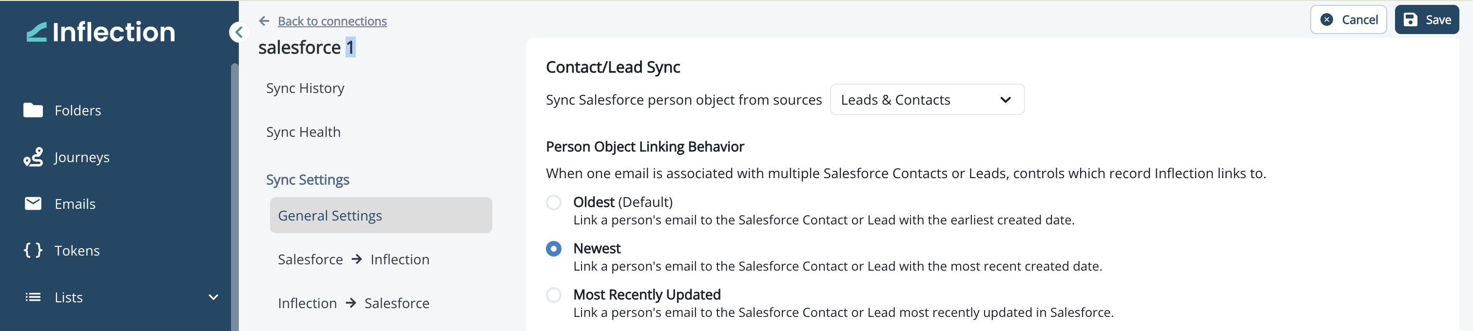 General Settings showing the Person Object Linking Behavior options Oldest, Newest, and Most Recently Updated