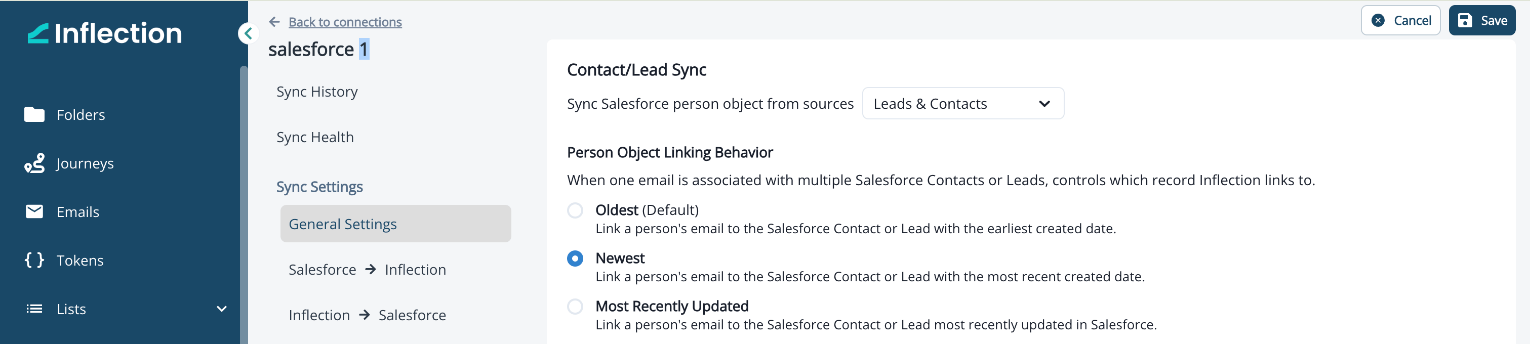 General Settings showing the Person Object Linking Behavior options Oldest, Newest, and Most Recently Updated