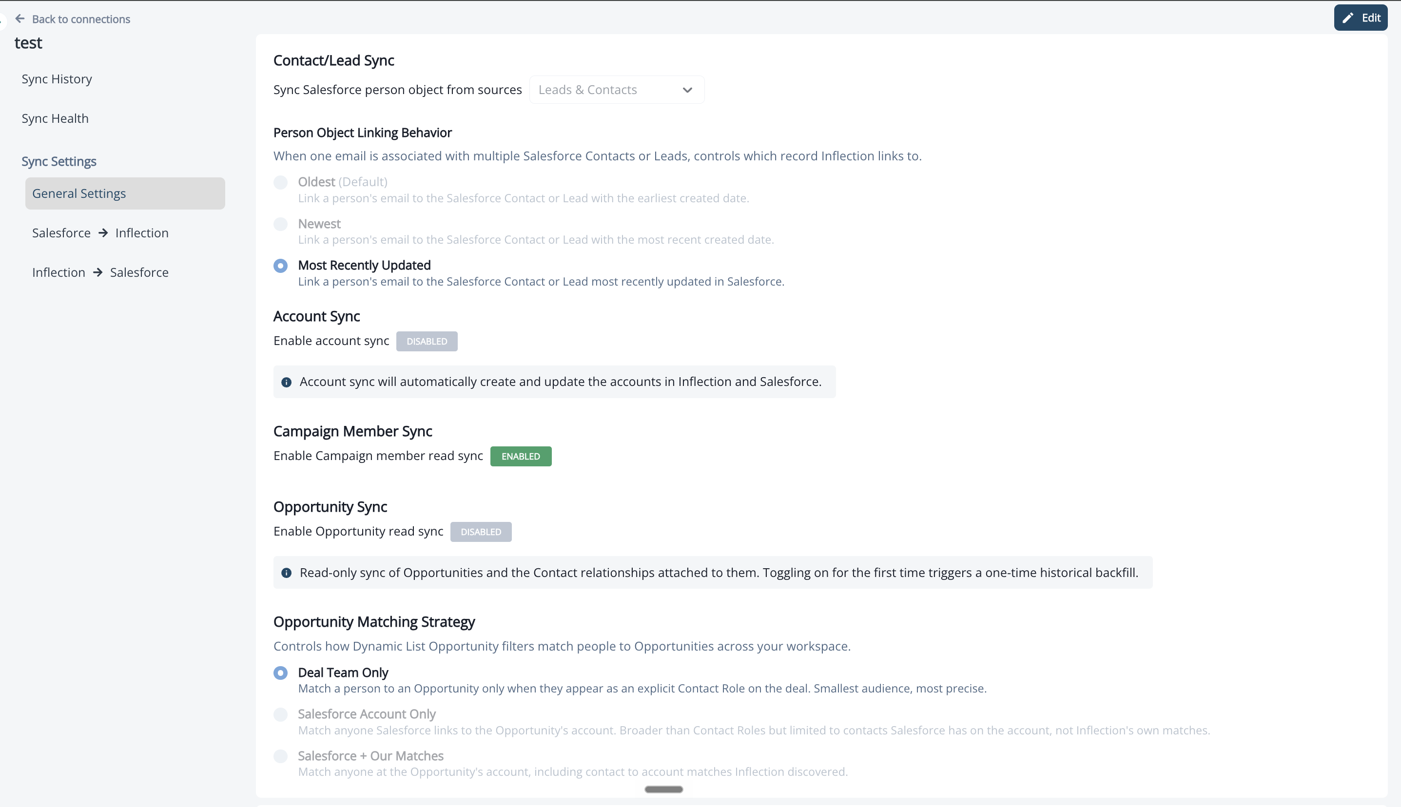 General Settings showing Contact/Lead Sync, Person Object Linking Behavior, Account Sync, Campaign Member Sync, Opportunity Sync, and Opportunity Matching Strategy