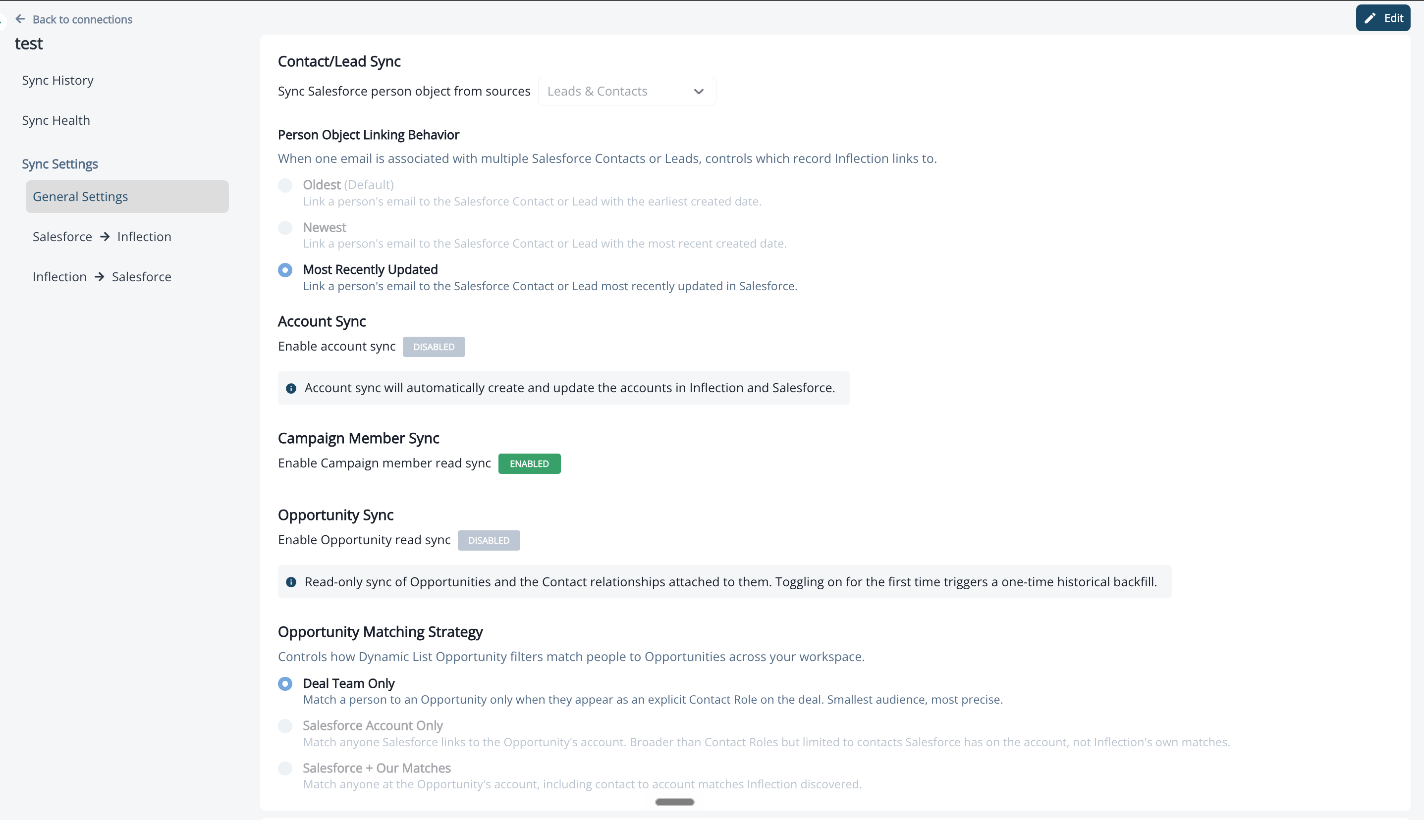 General Settings showing Contact/Lead Sync, Person Object Linking Behavior, Account Sync, Campaign Member Sync, Opportunity Sync, and Opportunity Matching Strategy