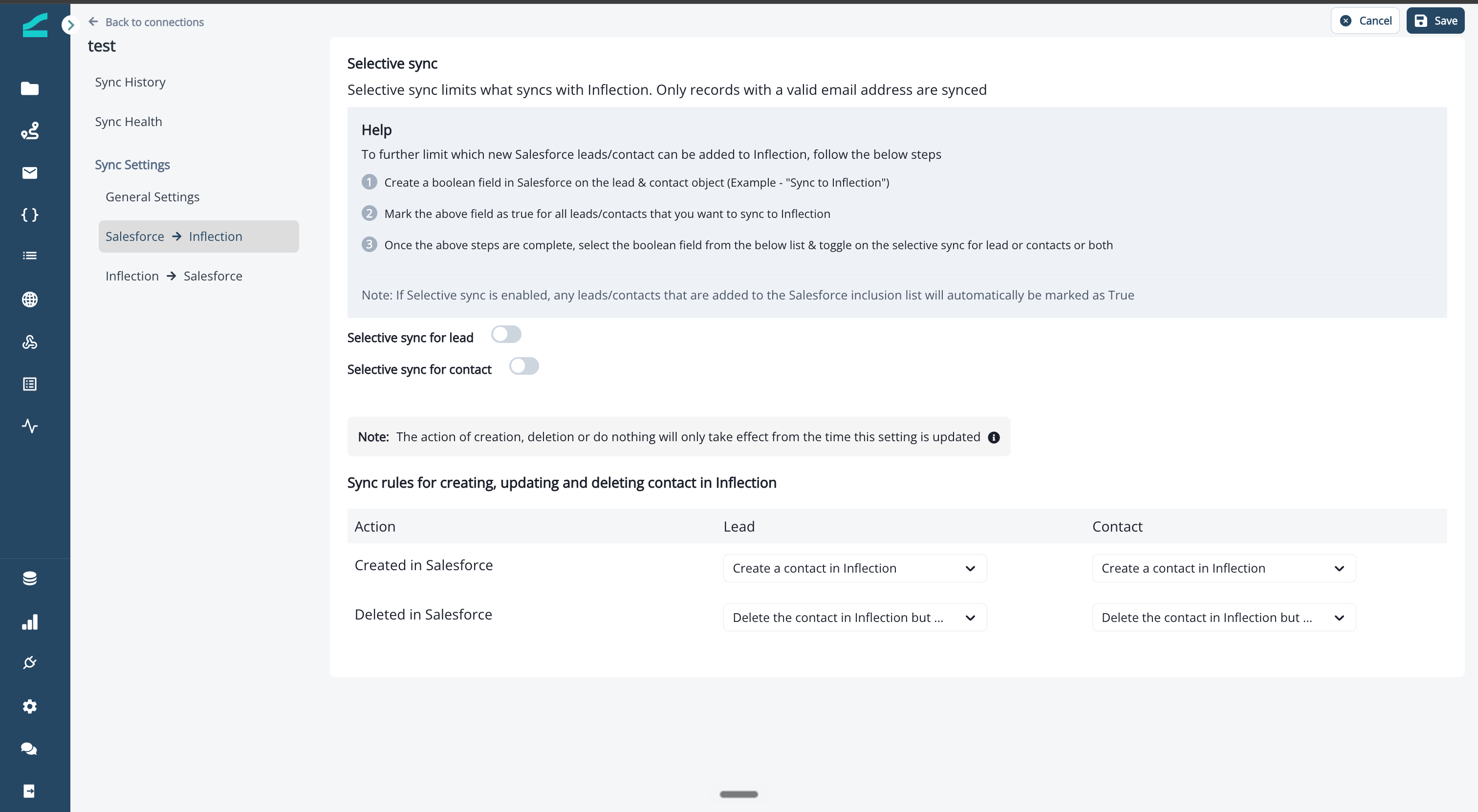 Salesforce to Inflection settings showing Selective sync and the sync rules for creating and deleting contacts in Inflection