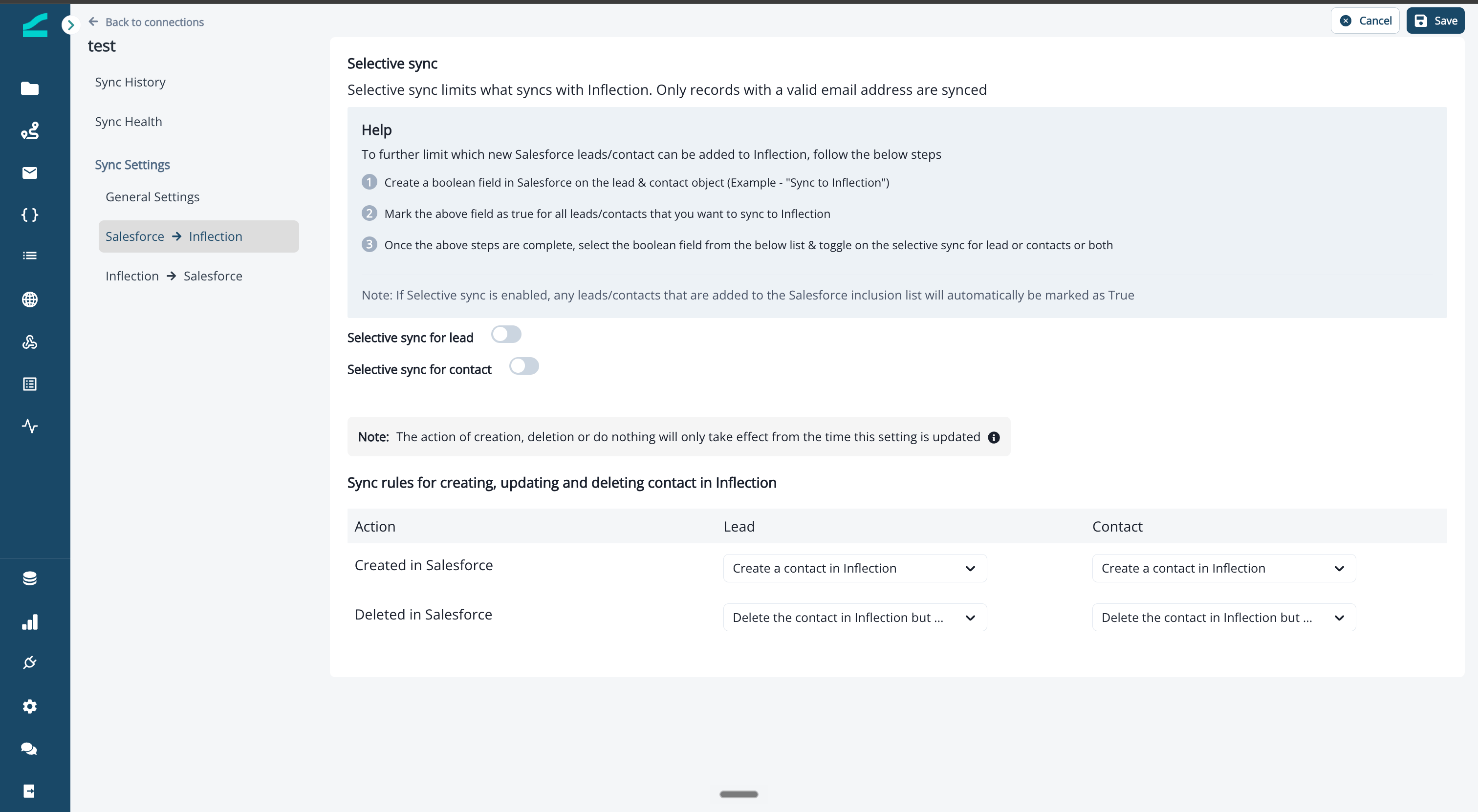 Salesforce to Inflection settings showing Selective sync and the sync rules for creating and deleting contacts in Inflection