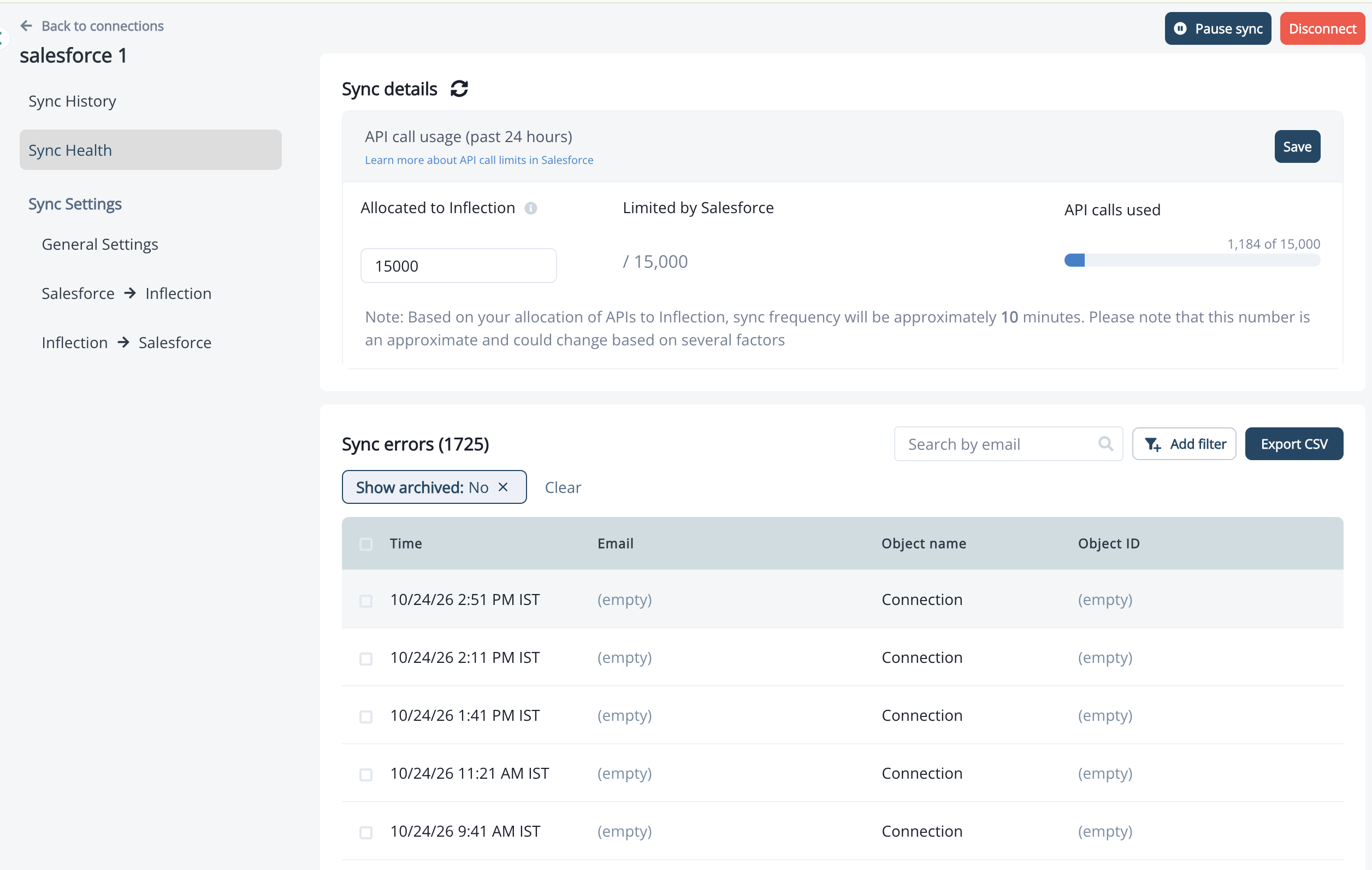 Sync Health tab with the Export CSV button next to the search and filter controls