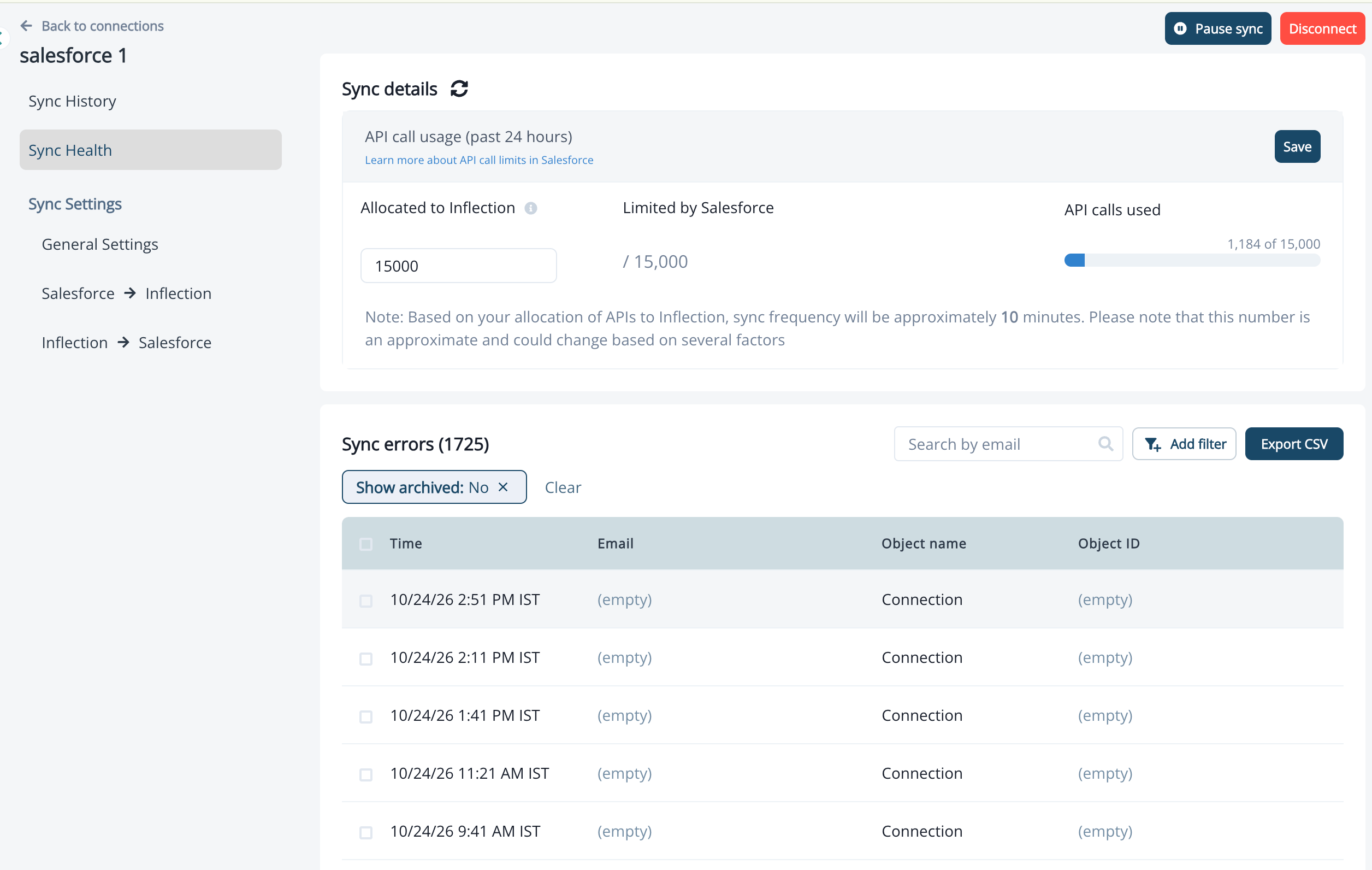 Sync Health tab with the Export CSV button next to the search and filter controls