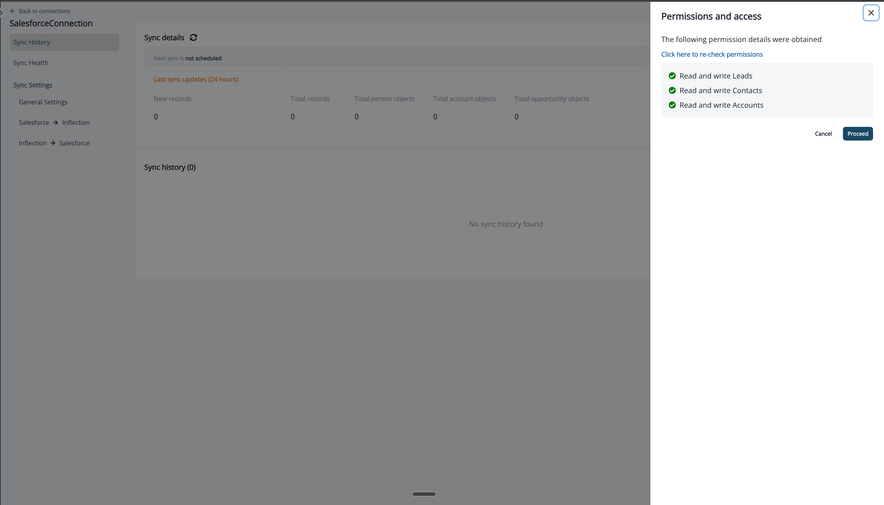 Permissions and access panel listing the permissions obtained for Leads, Contacts, and Accounts
