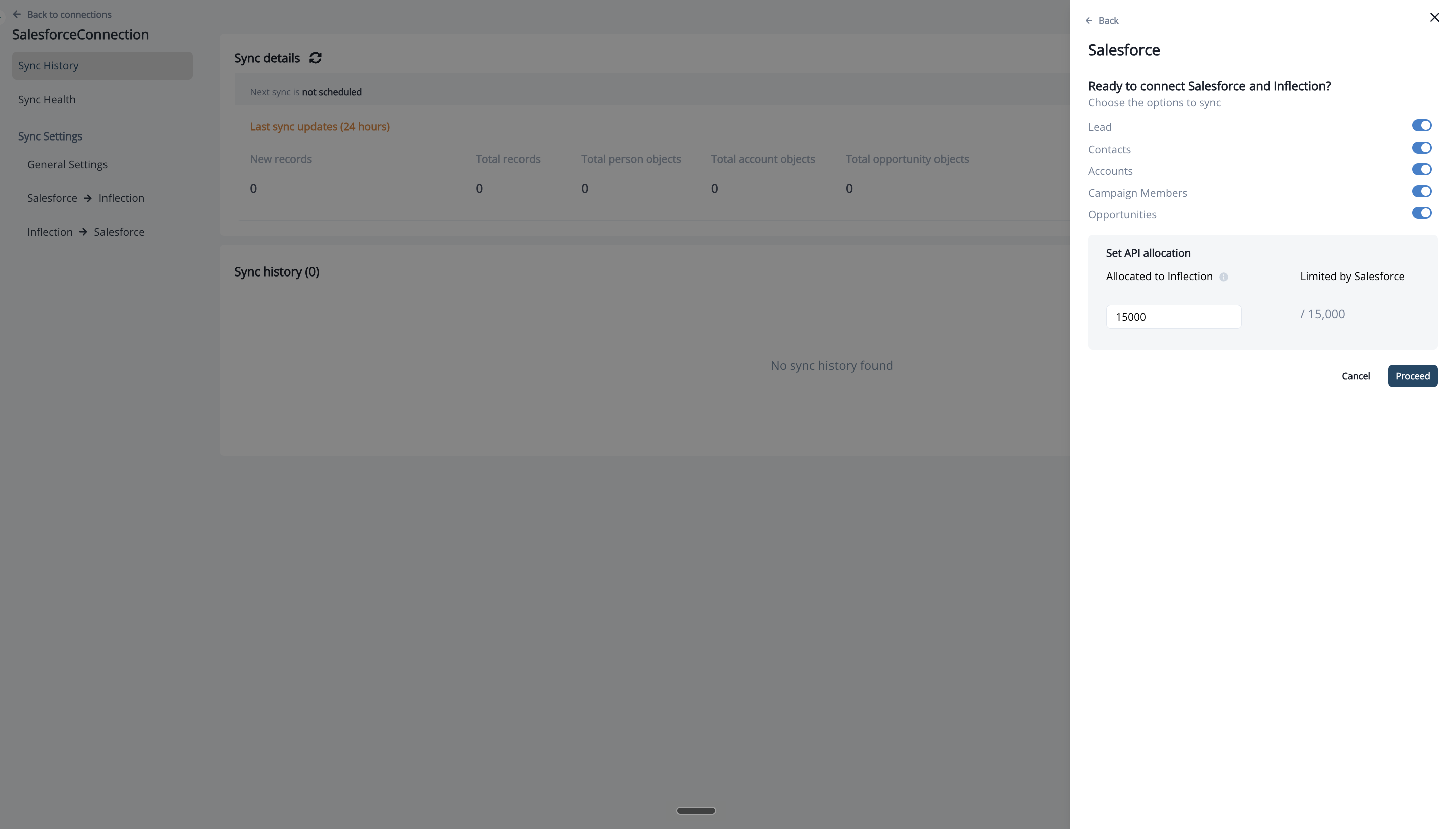 Salesforce setup panel with the object sync toggles and Set API allocation