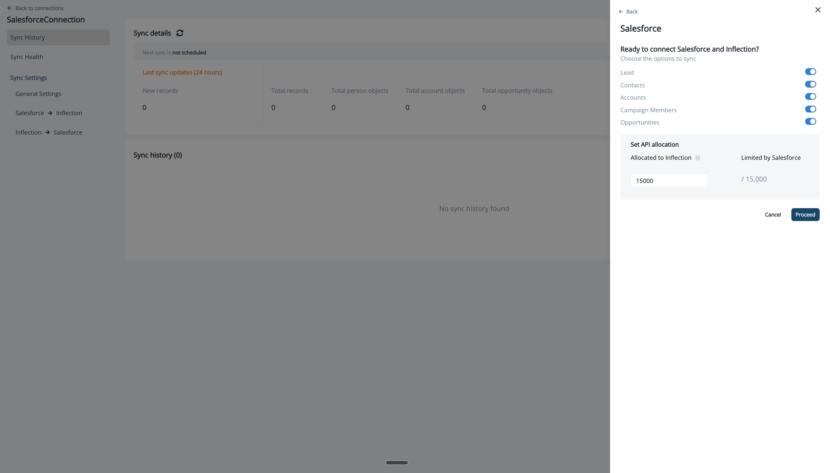 Salesforce setup panel with the object sync toggles and Set API allocation