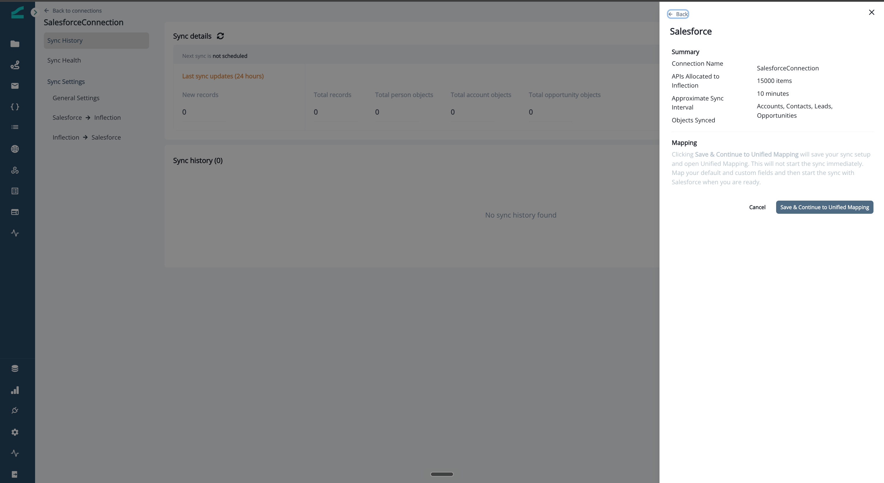 Salesforce setup summary with the connection details and the Mapping section