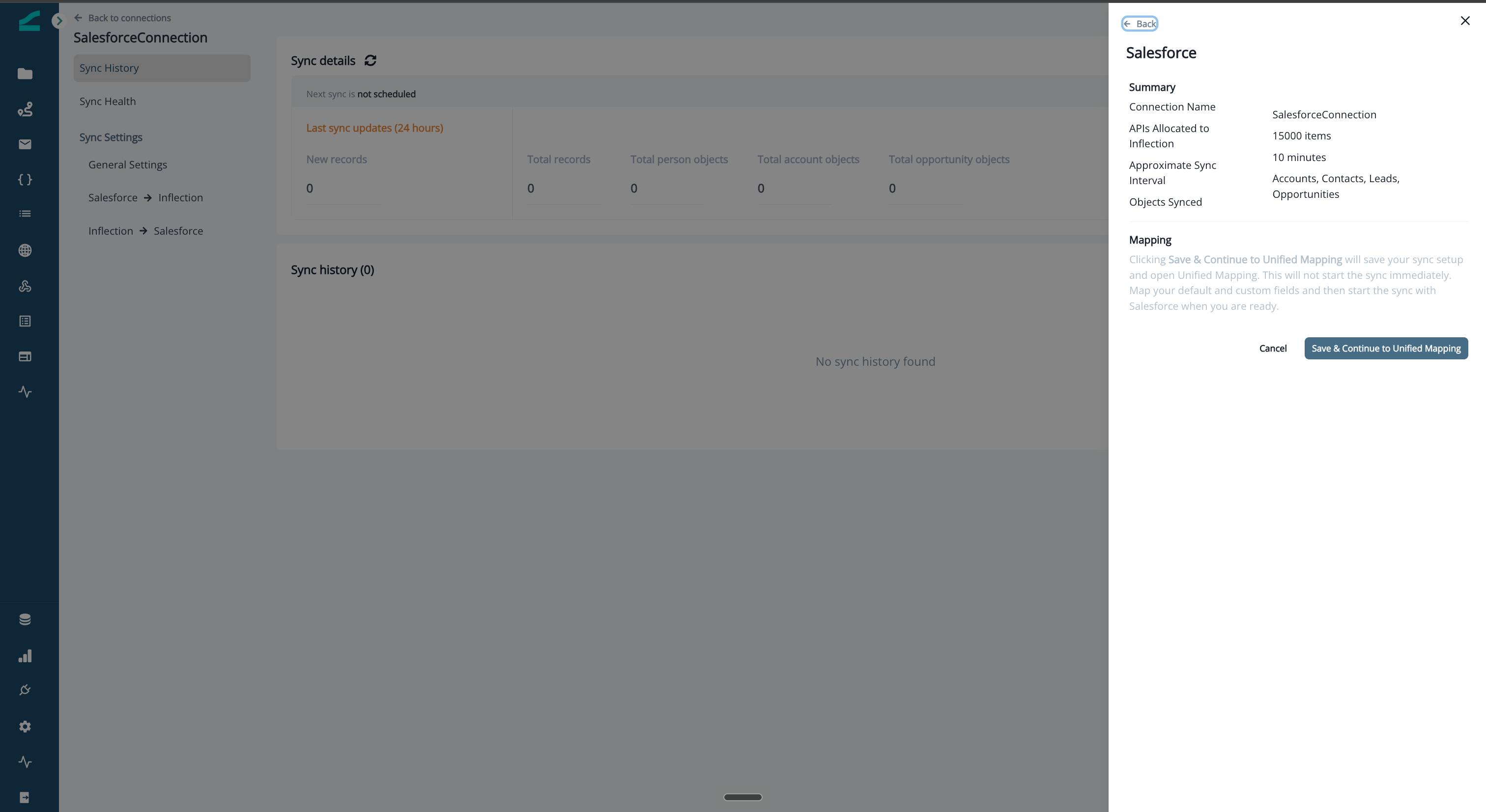 Salesforce setup summary with the connection details and the Mapping section